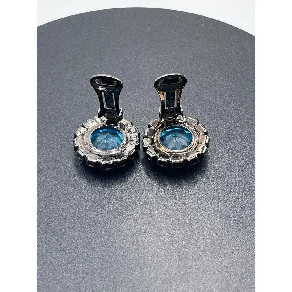 Kenneth Jay Lane Vintage Aquamarine Color Button Clip Gunmetal Earrings - Picture 7 of 12